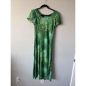 Hilo Hattie Hawaiian Tribal Tiare Kimi Green/Blue Floral Long A-Line Dress S